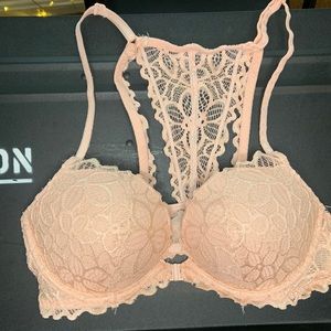 PINK - peachy pink lace, front clasping, razor back, push-up bra. 34C